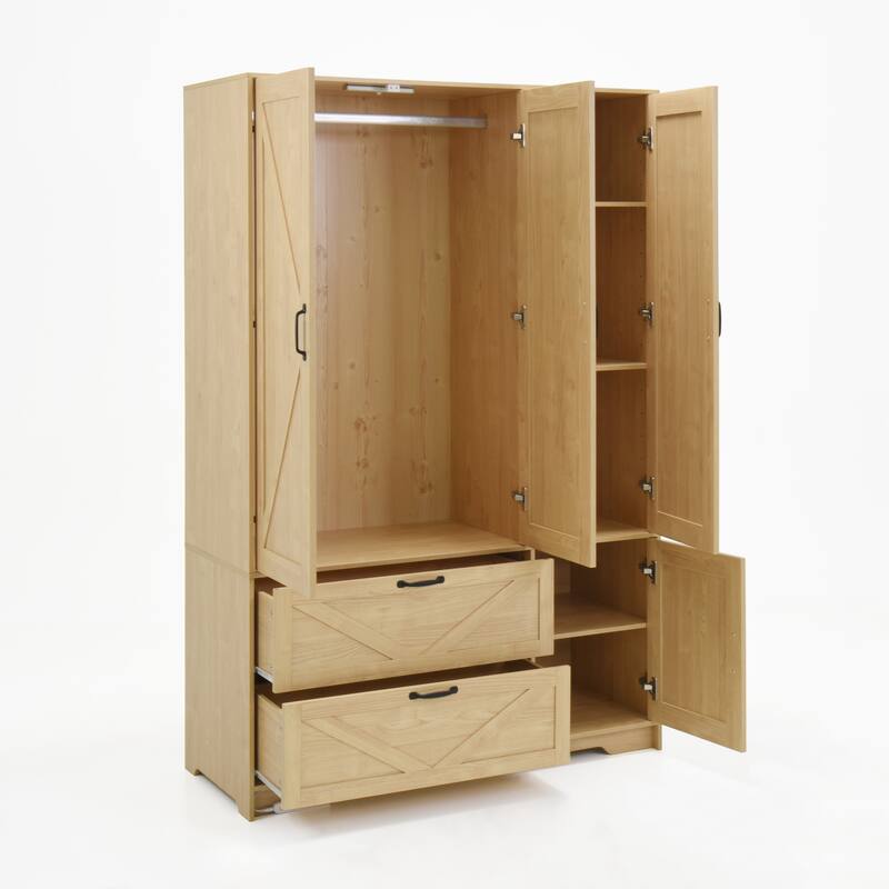 4 Doors Wardrobe Closet with Mirror, LED Wardrobe with Doors and 2 Drawers, Wooden Wardrobe Storage Cabinet with Hanging Rod