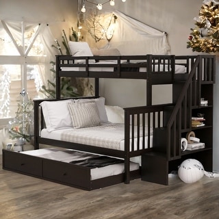 Twin-over-Full Bunk Bed with Twin size Trundle, Storage and Guard Rail for Bedroom, Dorm, for Adults