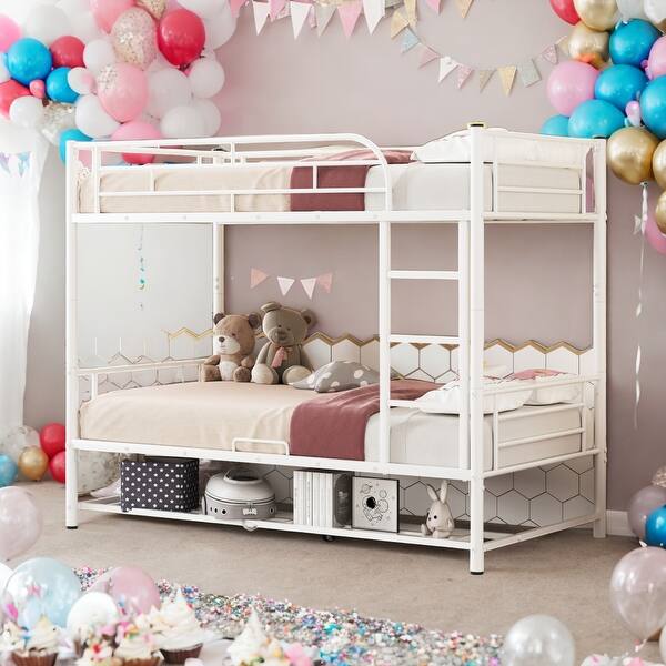 slide 2 of 18, Twin Over Twin Metal Bunk Bed with Shelf and Guardrails for Home White