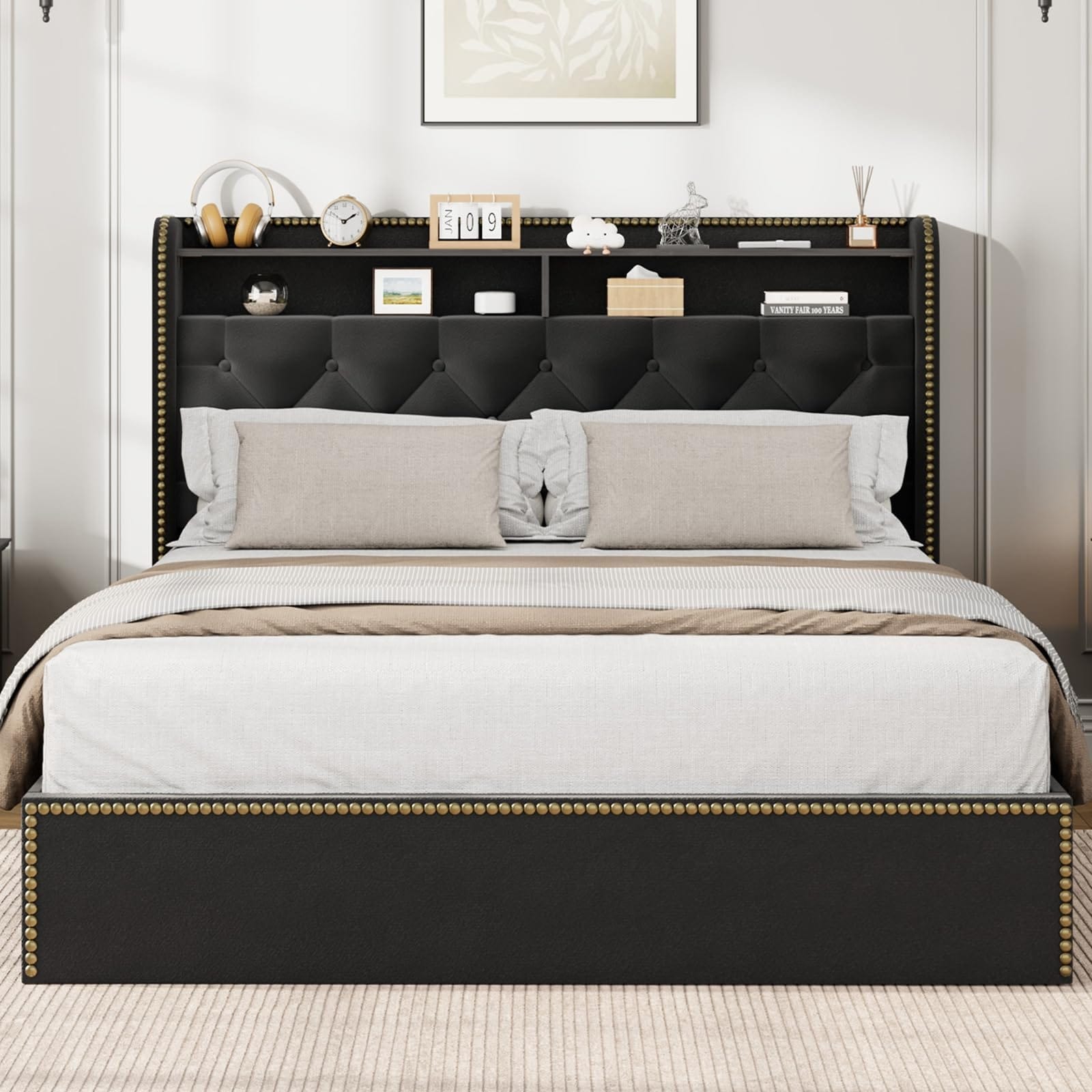 Bed Frame with 4 Storage Drawers, Upholstered Queen Platform with Tufted Headboard and Nailhead Trim Design