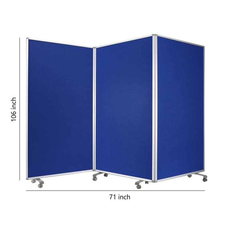 Accordion Style Fabric Upholstered 3 Panel Room Divider, Blue and Gray