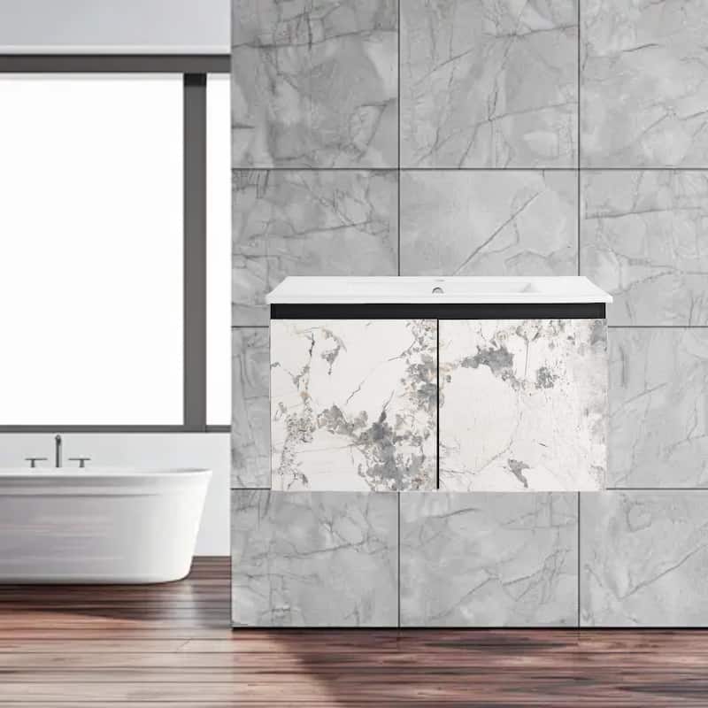 Modern 30'' Wall-Mounted Vanity with Ceramic Sink & Triple Soft-Close Cabinet Doors - Marbling