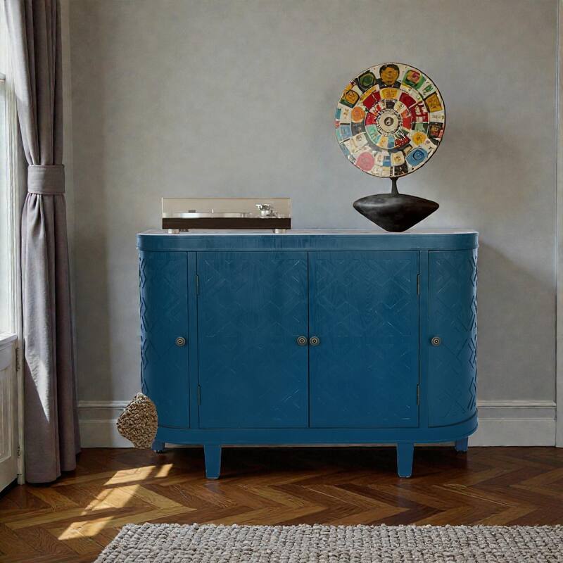 47'' Oval Fluted Accent Storage Cabinet with 4 Doors, Sliding Door Sideboard Buffet Credenza for Living Room and Kitchen