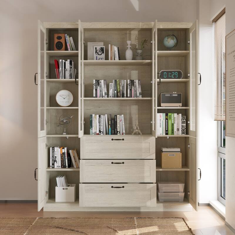 Bookcase Cabinet with Glass Doors and Drawers Multi-Purpose Storage Display Hutch for Living Room or Dining Room