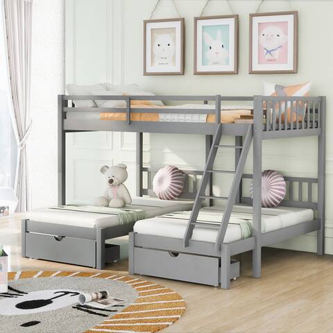 Full over Twin Triple Bunk Bed with 3 Storage Drawers for Kids
