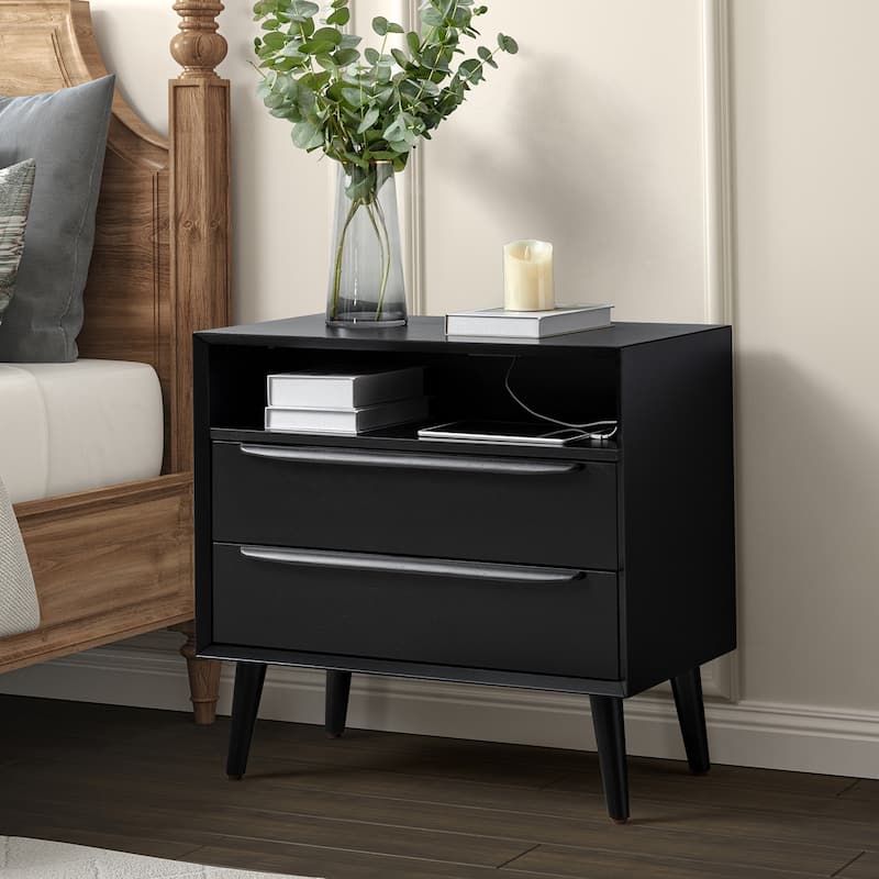 Kay Mid-century Modern 2 - Drawer Nightstand with Built-In Outlets and USB by HULALA HOME