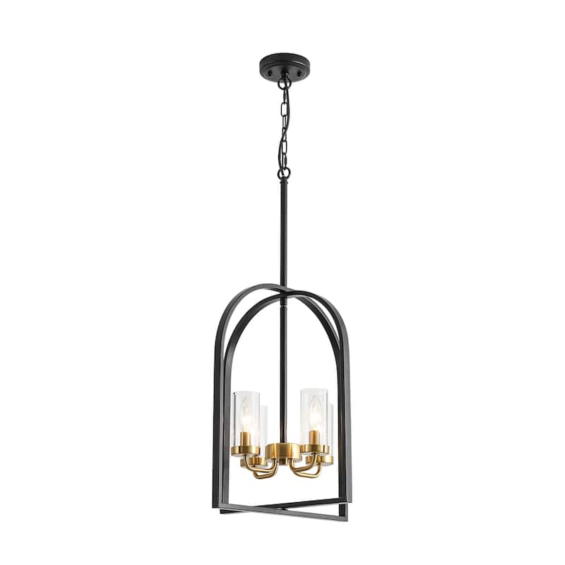 4-Light Farmhouse Industrial Matte Black Lattern Cage Chandelier with Clear Glass Tube for Use in Kitchen Island, Dining Room