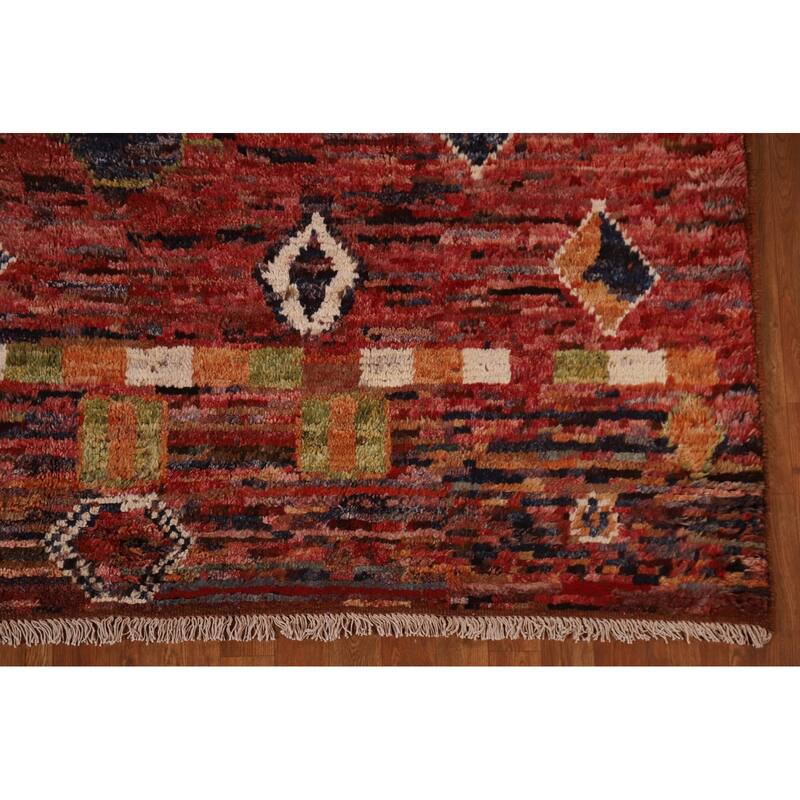 Hand Knotted Oriental 100% Wool Carpet Modern Tribal Red Moroccan Area Rug - 9' 11'' X 6' 9''