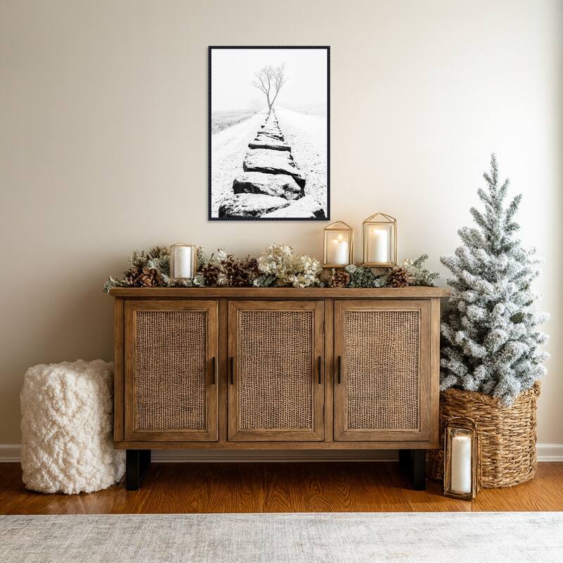 Snowy Stone Wall by Aledanda (23 x 33 in.), Framed Canvas Wall Art Print - Sylvie Beaded Black