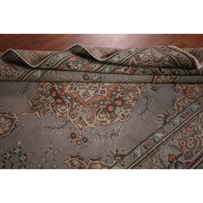 Hand Knotted Oriental 100% Wool Carpet Traditional Medallion Greys & Charcoal Tabriz Area Rug - 9' 8'' X 6' 5''