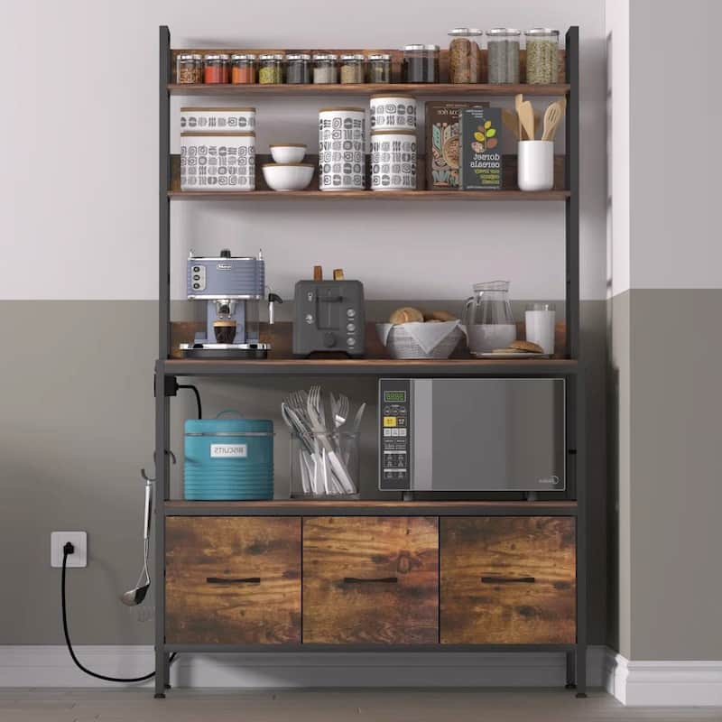 Kitchen Storage Rack with 4 Wooden Shelves Drawers and Baskets USB Ports and Microwave Shelf - 62.2'' H x 39.3'' W x 13.3'' D