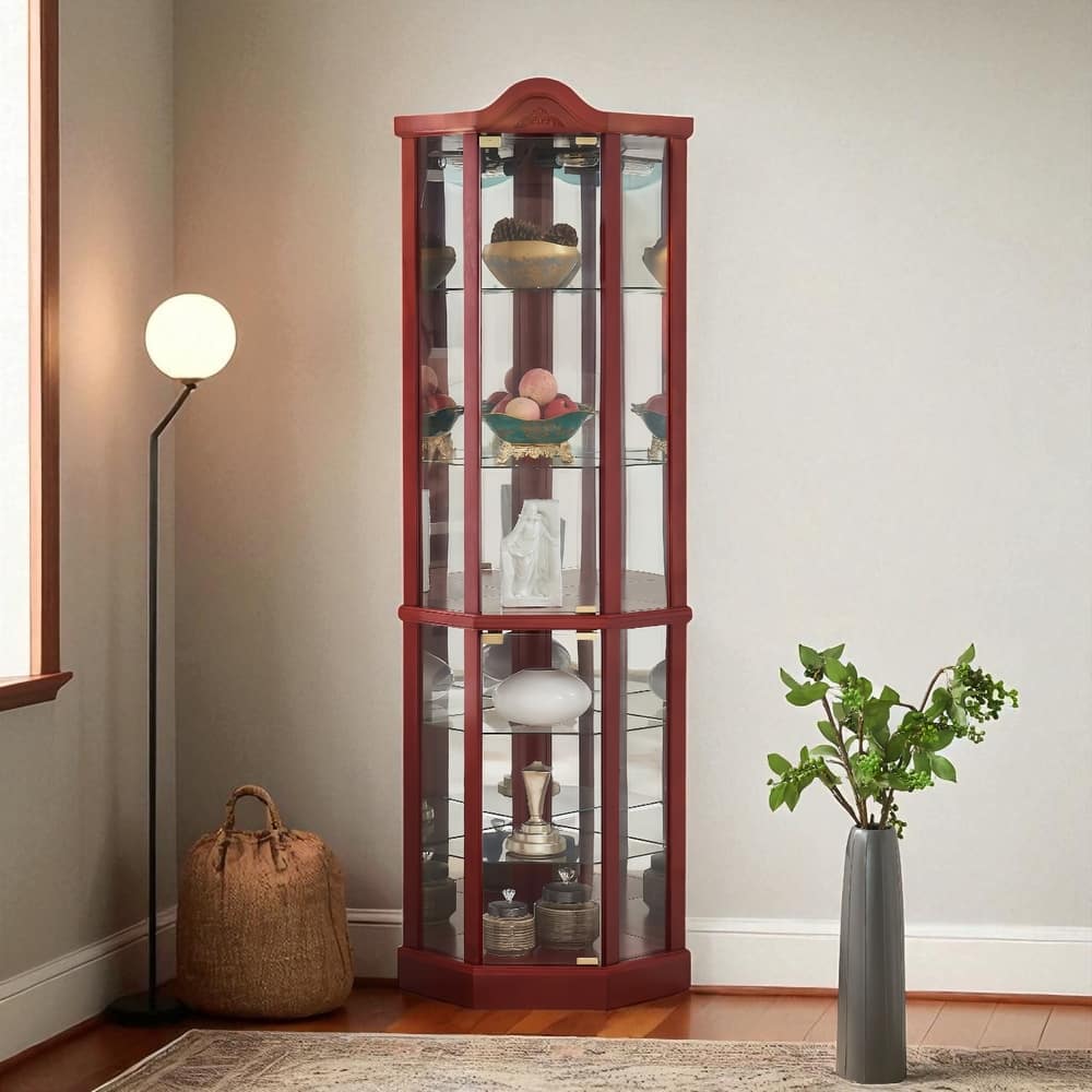 Lighted Corner Curio Cabinet with Glass Doors, Adjustable Shelves & Carved Cherry Decor, Elegant Display Cabinet for Home