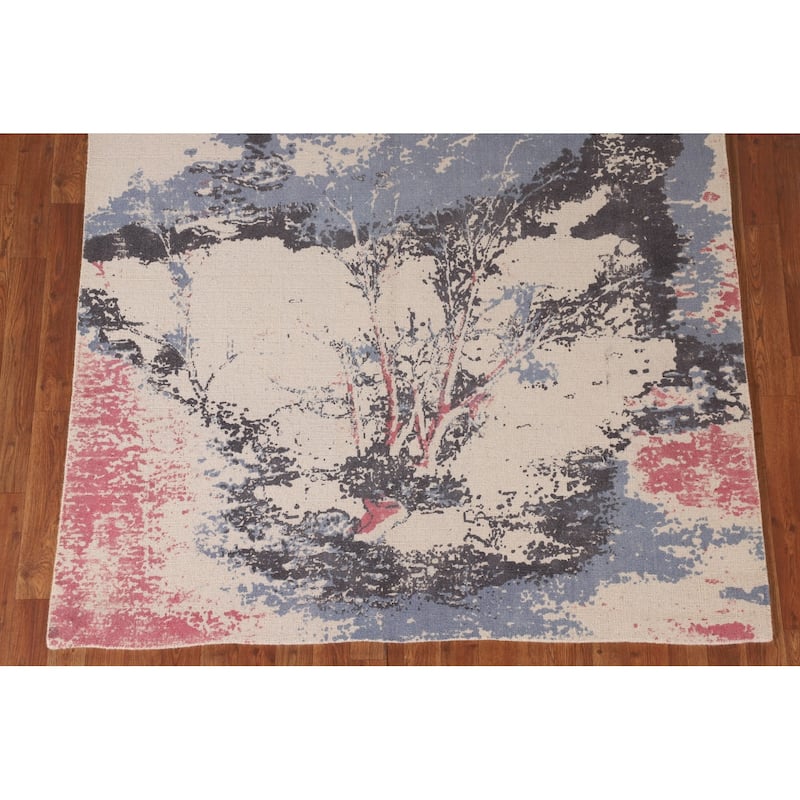 Nature Print Ivory Abstract Modern Area Rug Handmade Wool Carpet - 5'3" x 6'7"