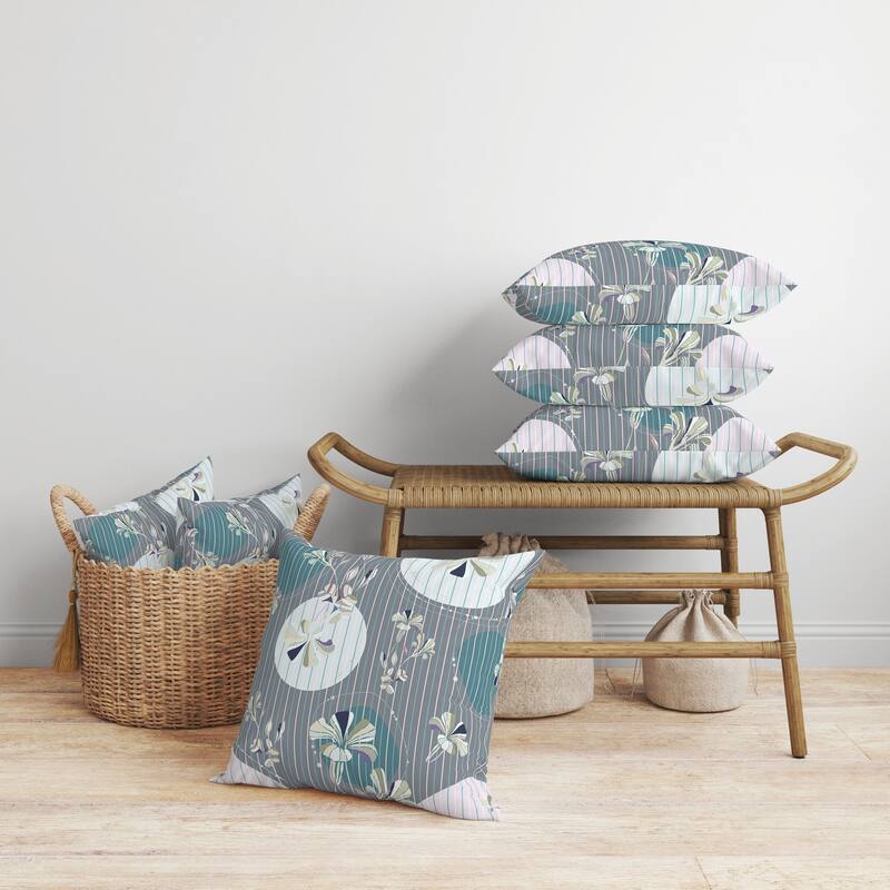Circular Garden Faux Suede Reversible Throw Pillow Gray and Cyan