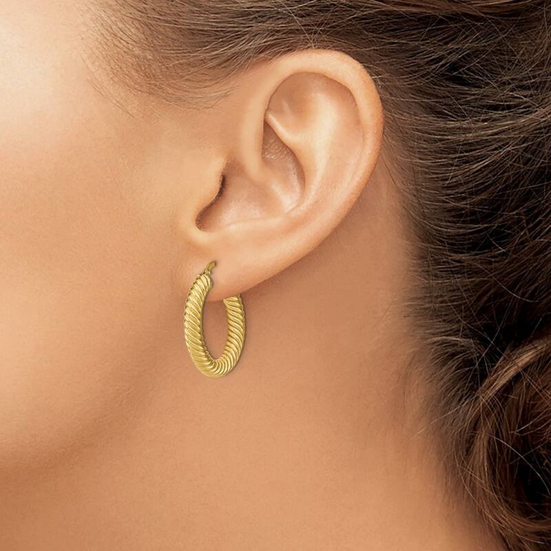 Curata 14k yellow Gold Polished Textured Hoop Earrings - 25.01x3.88mm