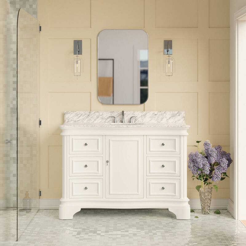 KitchenBathCollection Katherine 48" Bathroom Vanity with Carrara Marble Top - White