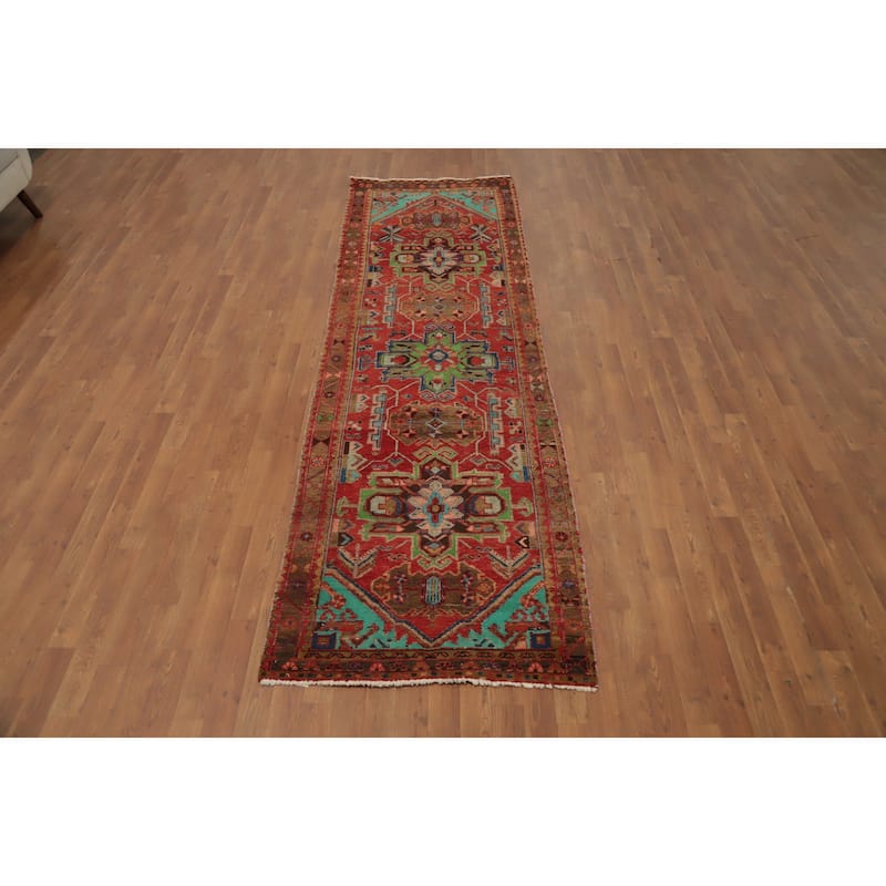 Hand Knotted Oriental 100% Wool Carpet Traditional Geometric Red Heriz Runner Rug - 10' 4'' X 3' 0''