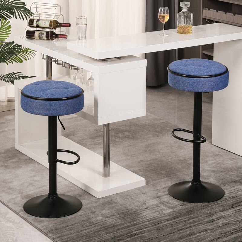Round Linen Fabric Bar Stools Set of 2, Height Adjustable/360°Counter Height Swivel Stool