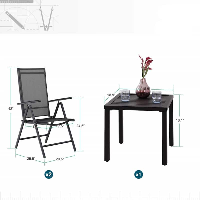 3-Piece Metal Patio Dining Set, 1 Square Table and 2 Folding Sling Chairs