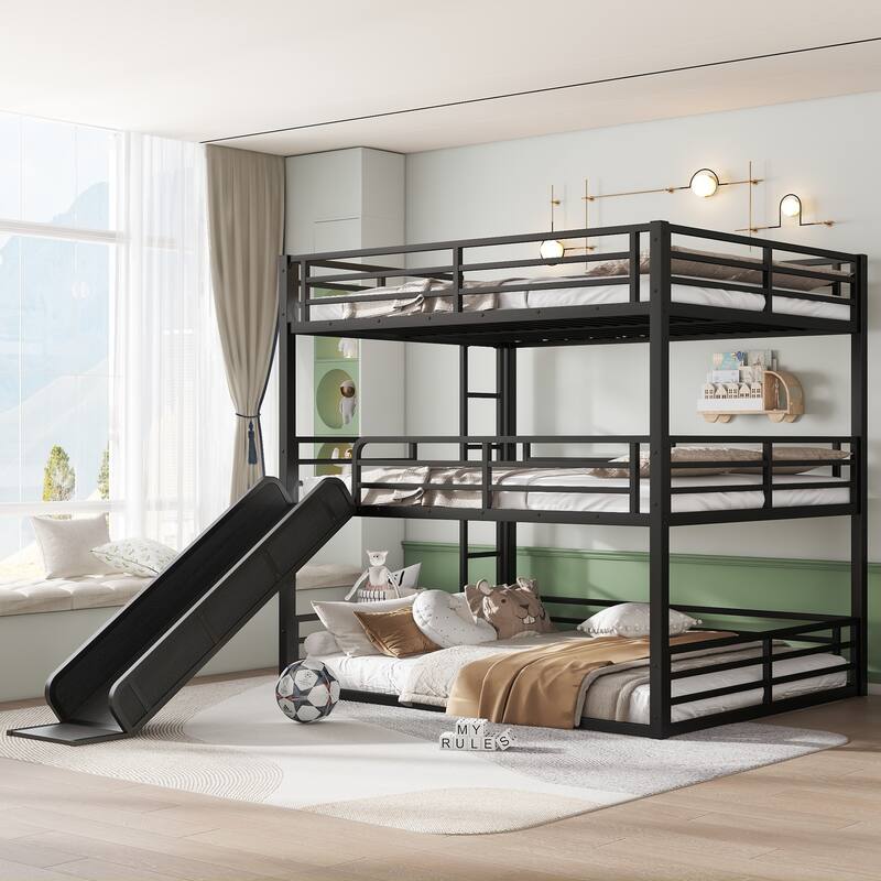 Twin/Twin/Full Triple Bunk Bed with Slide - Metal Frame, Safety Guardrails, Noise-Reduced (Black)