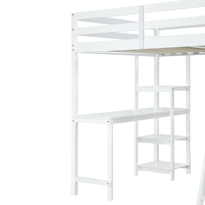 Full Size Loft Bed with Wardrobe, Desk, and Shelves - Space-Saving Design