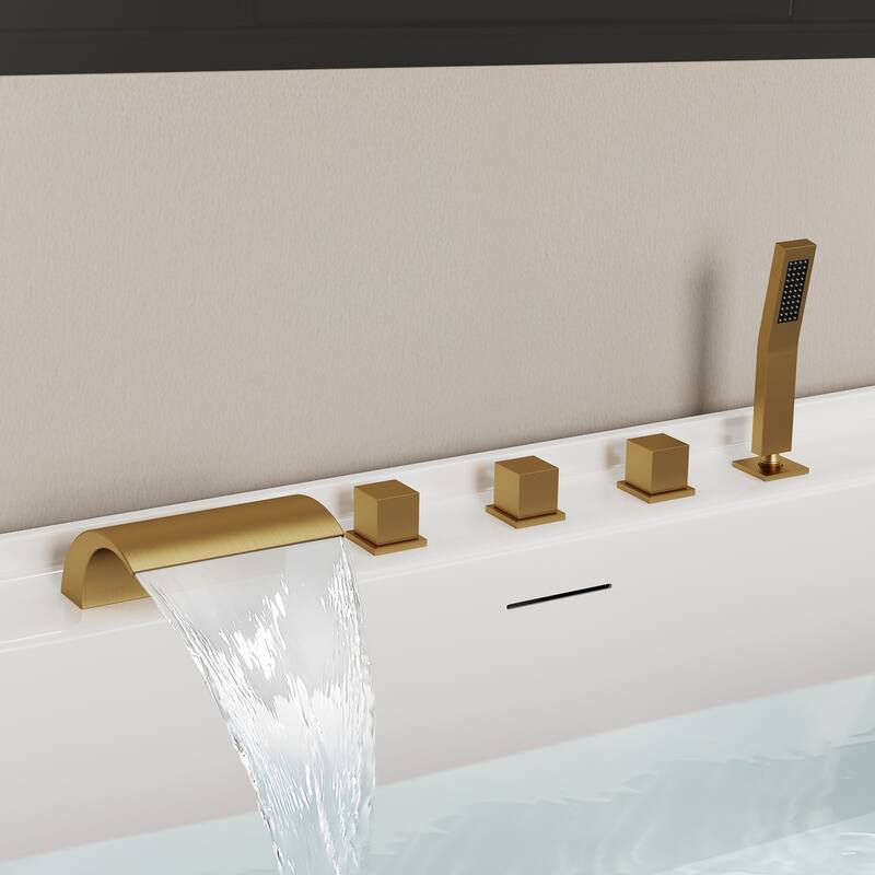 5-Hole 3-Handle Deck-Mount Waterfall Tub Faucet with Hand Shower,Waterfall Spout Bathtub Faucet