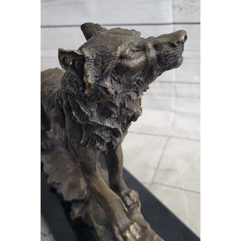 Howling Wolf Bronze Metal Statue Sculpture Figurine Signed Art On Marble Base