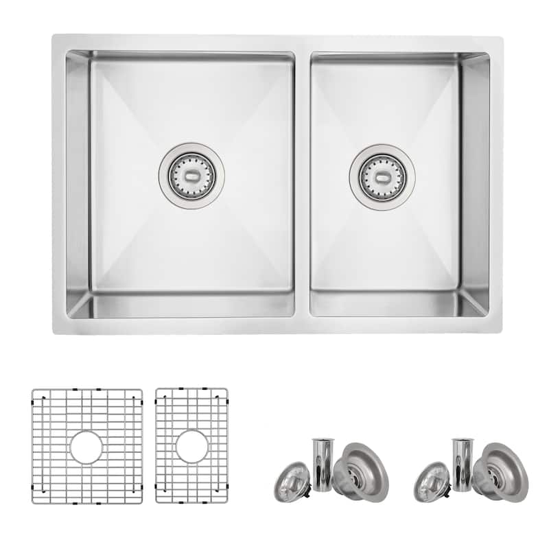 AZUNI 27 inches L x 18 inches W Double Bowl 60/40 Dual Mount 16G Reversible Kitchen Sink with Grids and Basket Strainers