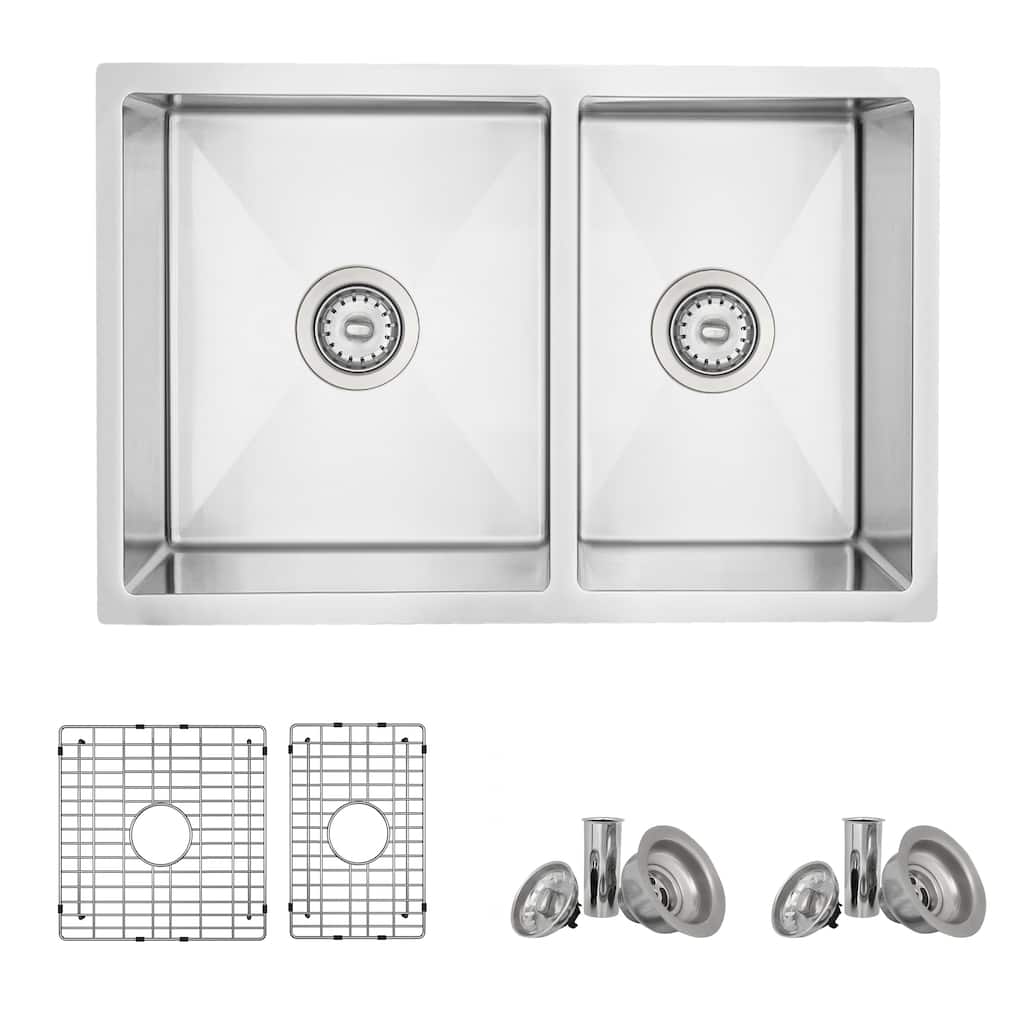 AZUNI 27 inches L x 18 inches W Double Bowl 60/40 Dual Mount 16G Reversible Kitchen Sink with Grids and Basket Strainers