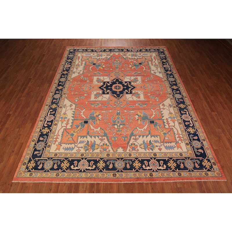 Vegetable Dye Orange Heriz Oriental Area Rug Handmade Wool Carpet - 8'11" x 11'4"