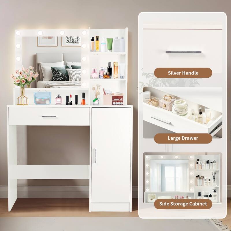 Vanity Desk with Mirror and Lights, Makeup Vanity with Drawer & Storage Cabinet, Adjustable Brightness, with Open Shelves