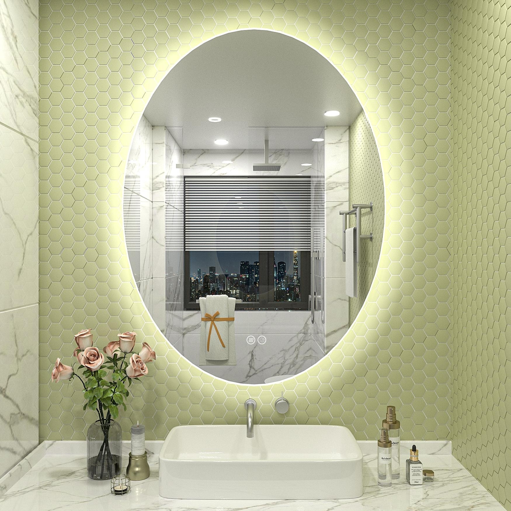 High Brightness LED Bathroom Mirror Oval Backlit Tempered Glass, Memory, Anti-Fog, UL Certified