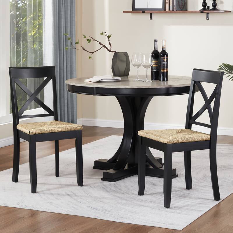 Bohemian 17" W Natural Weave Seagrass Rattan Seat Cross Back Dining Chairs - Set of 2 - Black