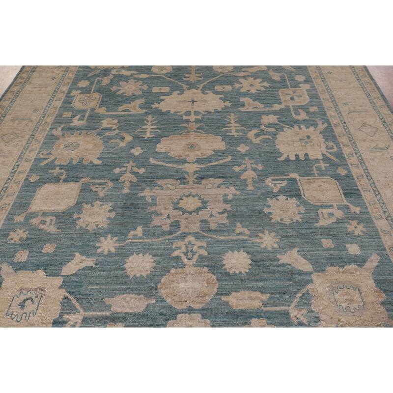 Teal Blue Vegetable Dye Oushak Turkish Rug Hand-Knotted Wool Carpet - 7'10" x 10'6"