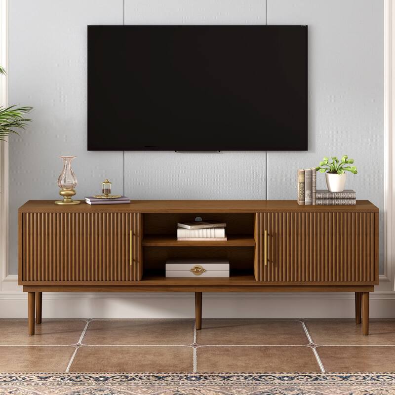 Stylish TV Stand with Vertical Striped Doors, Space-Saving Sliding Door Design, Sturdy Solid Wood Legs - Brown