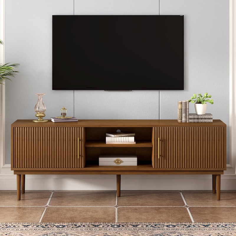 TV Stand Media Console with Fluted Door Cabinets, Solid Wood Legs