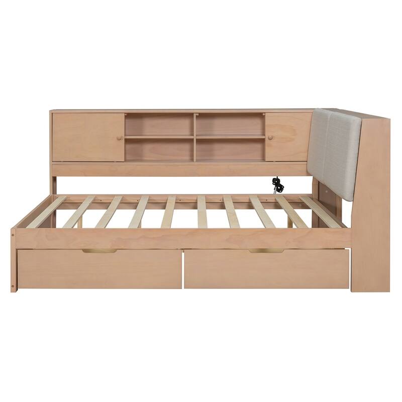Wooden L-shaped Daybed Corner Bed with Storage Bookcase and USB Charging Ports