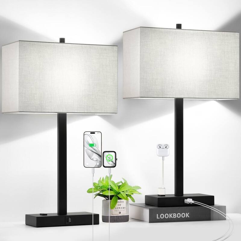 21" Set of 2 Touch Control Table Lamps with 2 USB & AC Outlets - 4.4"D x 7.8"W x 21"H - Gray Linen & Matte Black