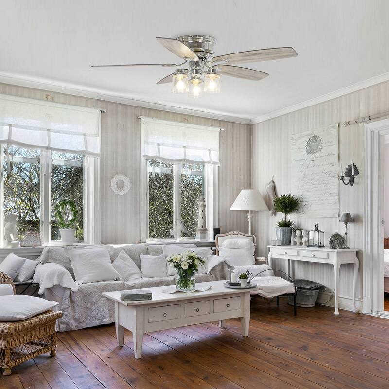 52" Modern Indoor Chrome Flush Mount Reversible Chandelier Ceiling Fan with Light and Remote