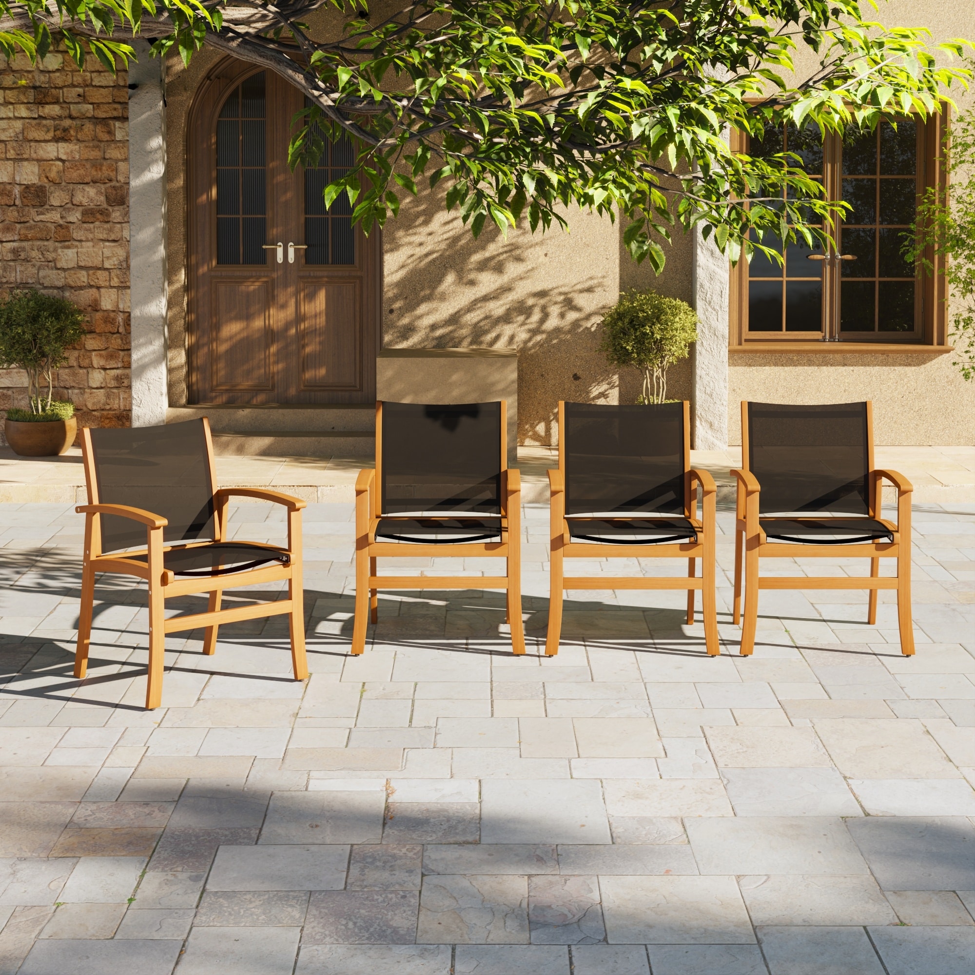 Acacia Wood Patio Dining Chairs with Breathable Textilene Mesh, Weather Resistant Outdoor Arm Chairs, Set of 4