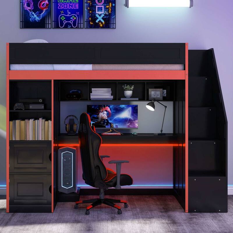 Gaming Loft Bed with Desk, Storage, and LED Lighting by Harper&Bright Designs