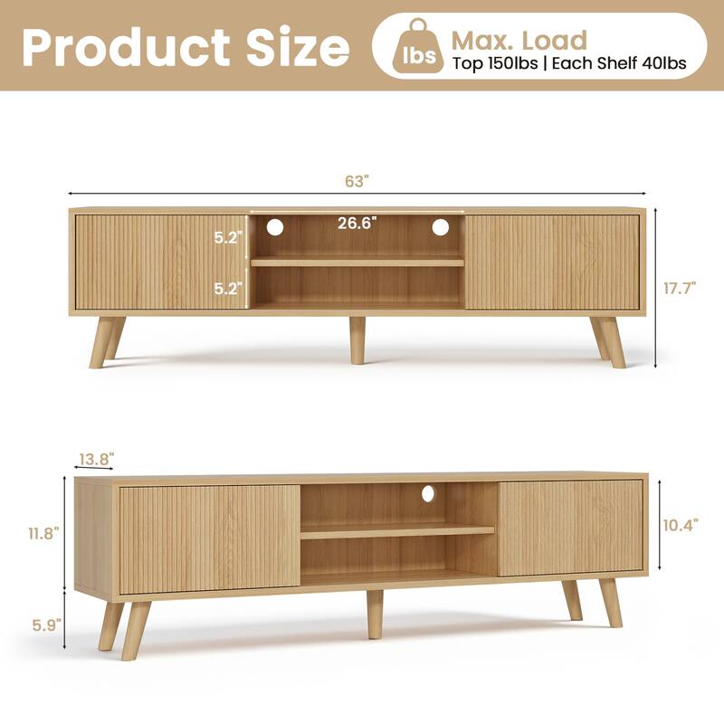 Meyreso 63" Modern Wood TV Stand with Sliding Doors, LED Lighting, and Adjustable Shelf - 64 inches in width