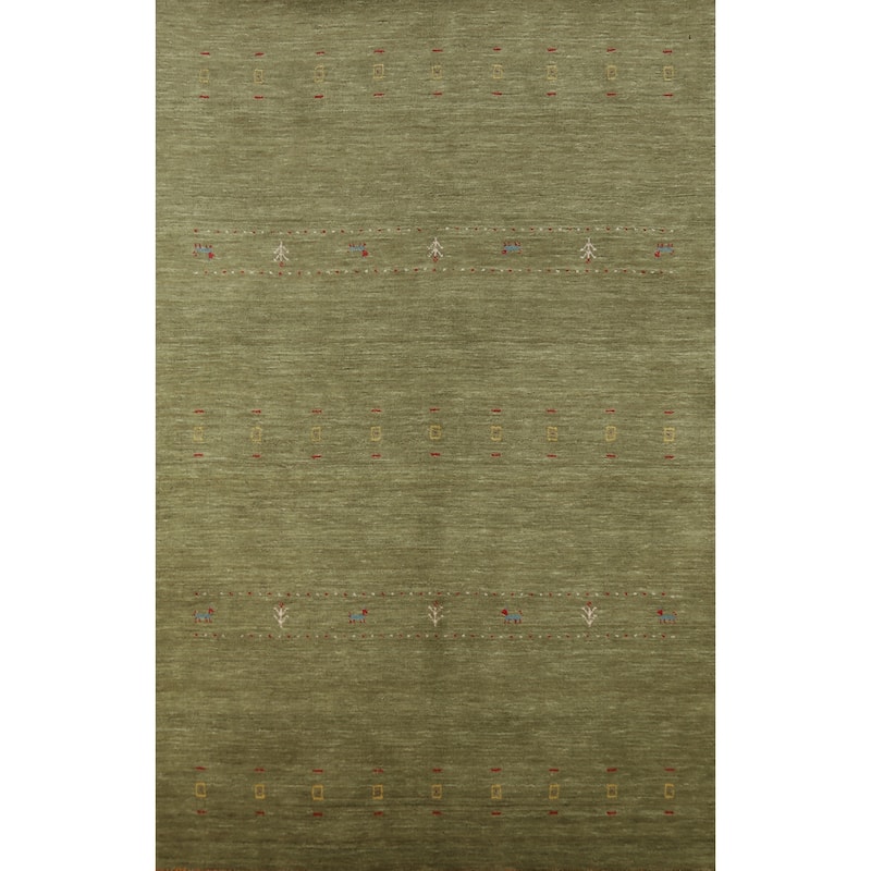 Green Tribal Gabbeh Indian Area Rug Hand-Knotted Wool Carpet - 5'0" x 7'8"