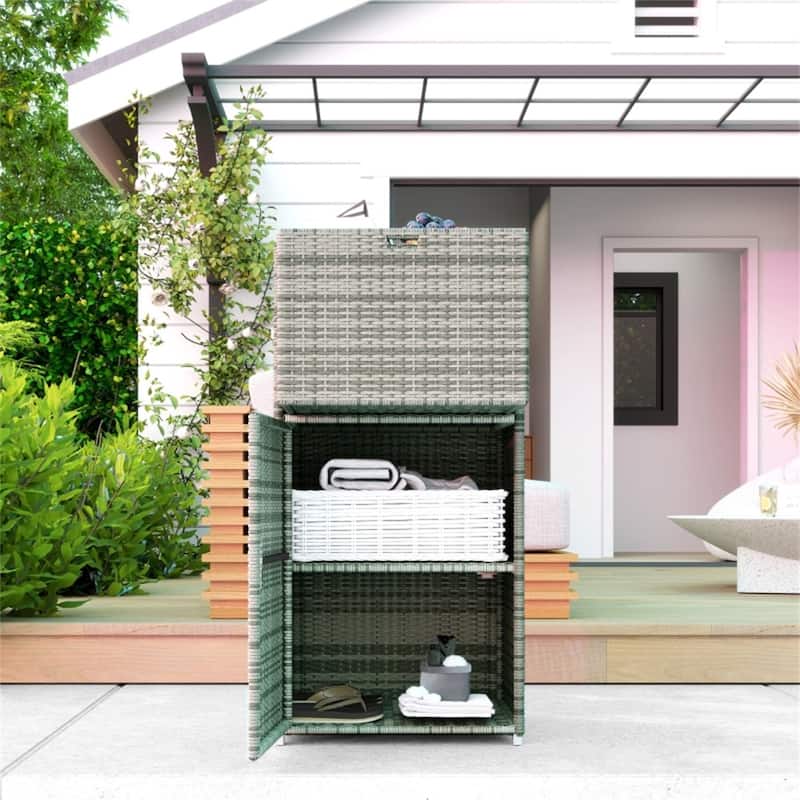 Grey Rattan Outdoor Storage Cabinet with Drawer and Magnet-Sealed Waterproof Shelves for Patio - 23.6" L x 23.6" W x 47.2" H