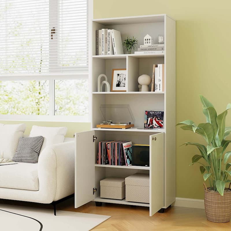 Costway 66" Tall Home 5 Tier Free Standing Bookshelf 2-Door Storage - See Details