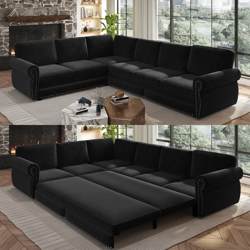 L-Shaped Sectional Sofa with Pull-Out Bed, Oversize Convertible Sleeper Sofa with Rolled Arms, Chenille Upholstery - Black