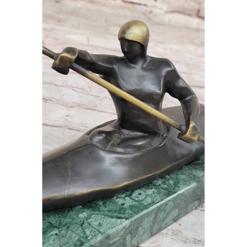 Hot Cast Canoeing Trophy Bronze Sculpture By Mario Nick Green Marble Base Figure