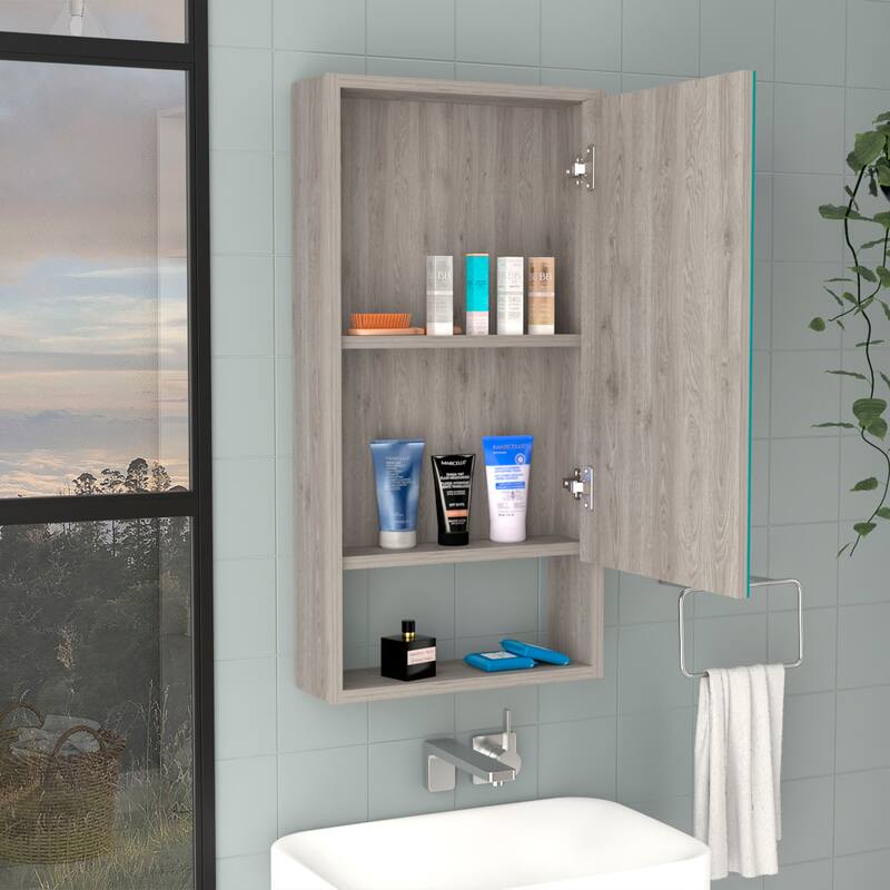 Light Gray Medicine Cabinet - 35.4" H, Large Mirror, 1 Interior Shelf, 1 External Shelf, Wall-Mounted Storage