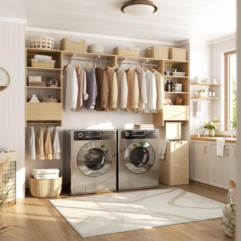 Rackcog Laundry Room Organizer with Drawers, Wall-mounted Closet System with Hanging Rods