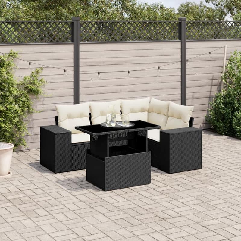 vidaXL Patio Sofa Set with Cushions Outdoor Furniture 5 Piece Poly Rattan - Black and Cream-without storage - 21.7 x 39.4 x 27.2